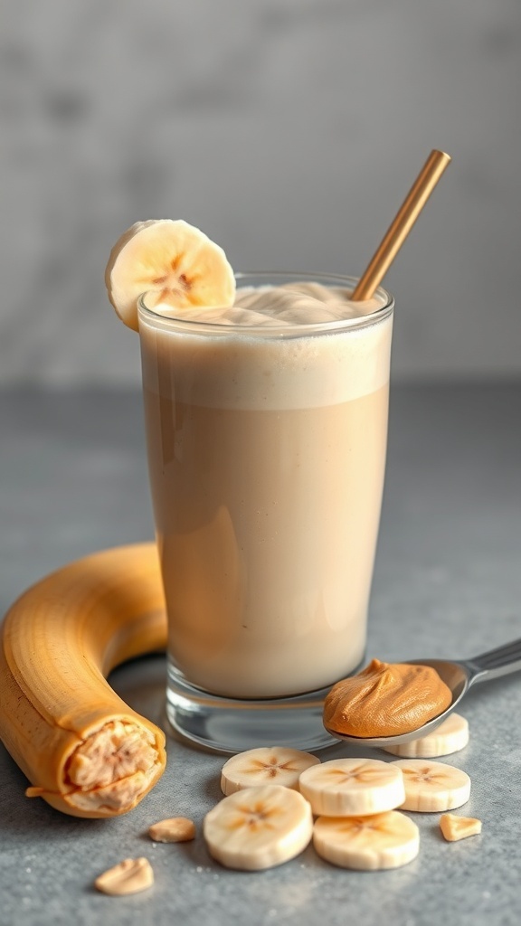 A glass of peanut butter banana smoothie with banana slices and a spoonful of peanut butter beside it.