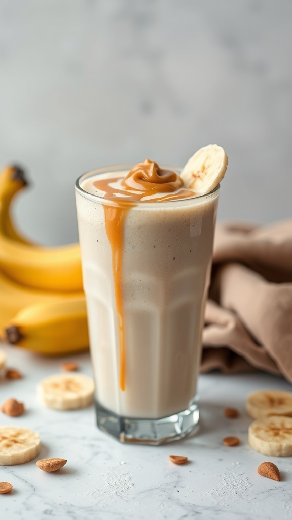 A tall glass of Peanut Butter Banana Delight smoothie topped with peanut butter and a banana slice, surrounded by fresh bananas and almond pieces.