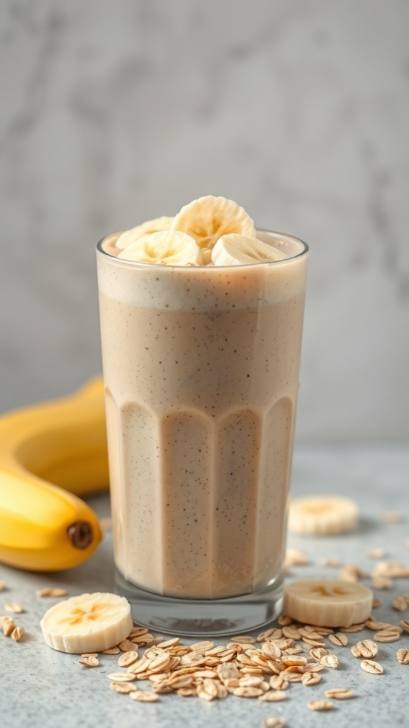 A glass of Peanut Butter Banana Oat Smoothie topped with banana slices, with oats and a banana in the background.