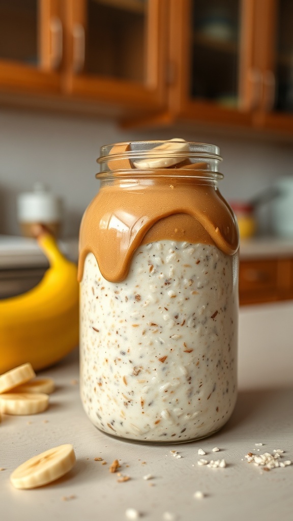 A jar of peanut butter banana overnight oats topped with peanut butter and banana slices