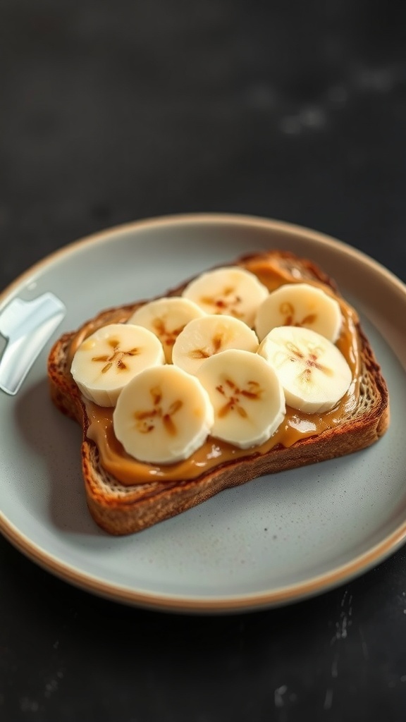 A slice of toast topped with peanut butter and banana slices.