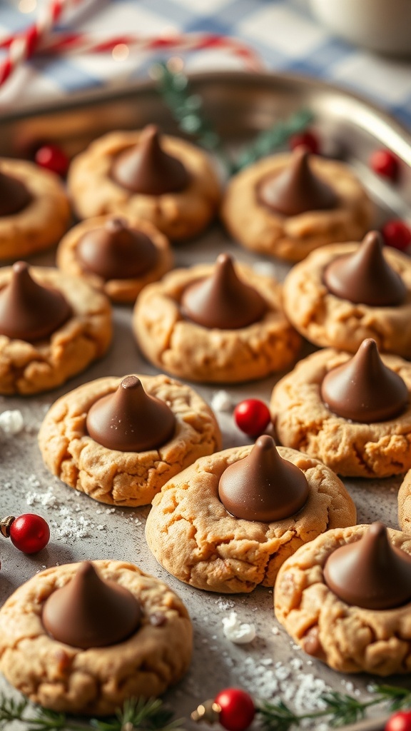 A tray of Peanut Butter Blossoms cookies topped with chocolate kisses, decorated for the holidays.