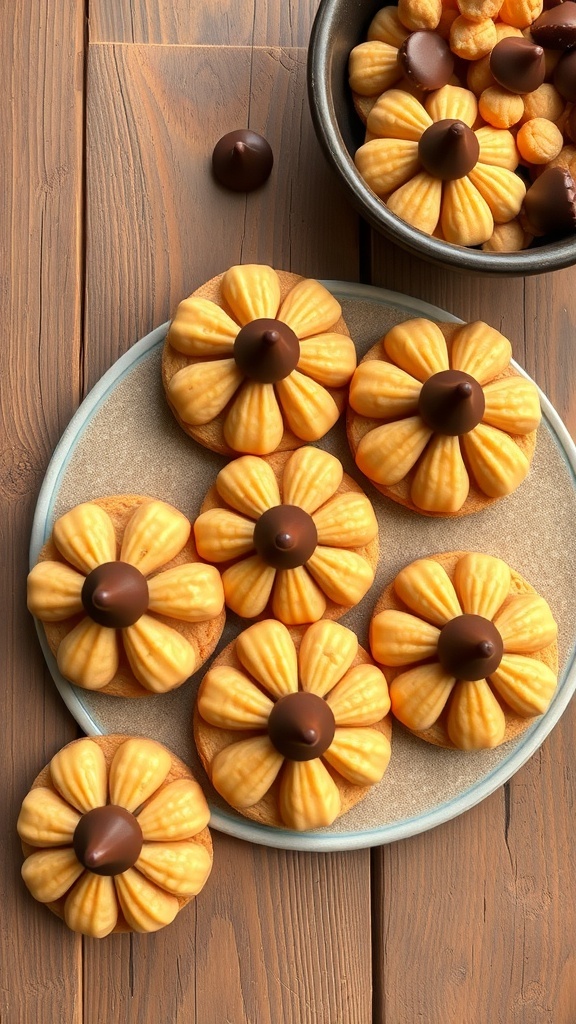 A plate of peanut butter blossom cookies topped with chocolate kisses