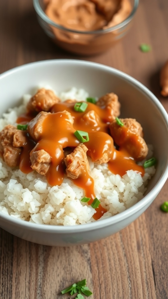 A bowl of peanut butter chicken served over rice with a drizzle of sauce and green onions on top.