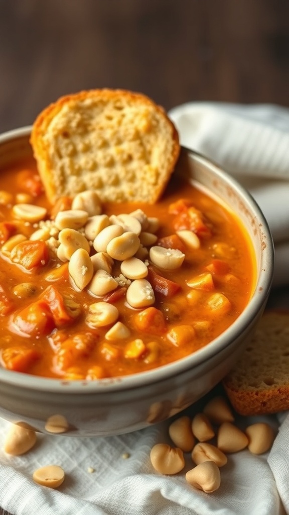 A bowl of peanut butter chili topped with peanuts and served with bread.