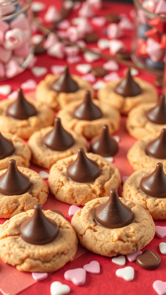 Peanut butter cookies topped with chocolate kisses, surrounded by heart-shaped candies.