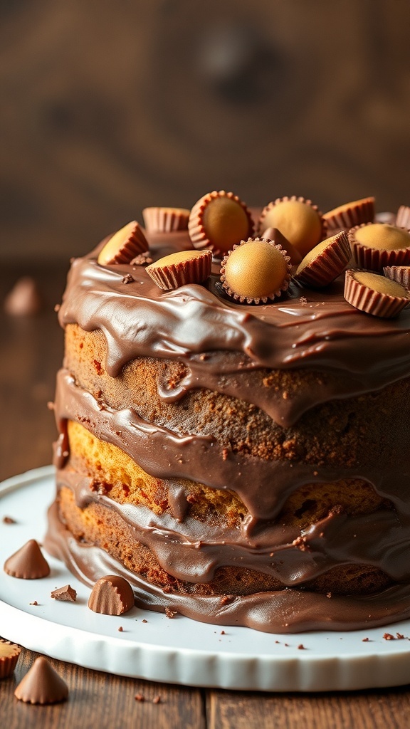 A delicious peanut butter cup cake topped with chocolate frosting and mini peanut butter cups.