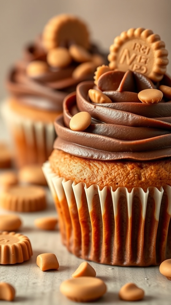 Delicious peanut butter cupcakes topped with chocolate frosting and mini peanut butter cups.