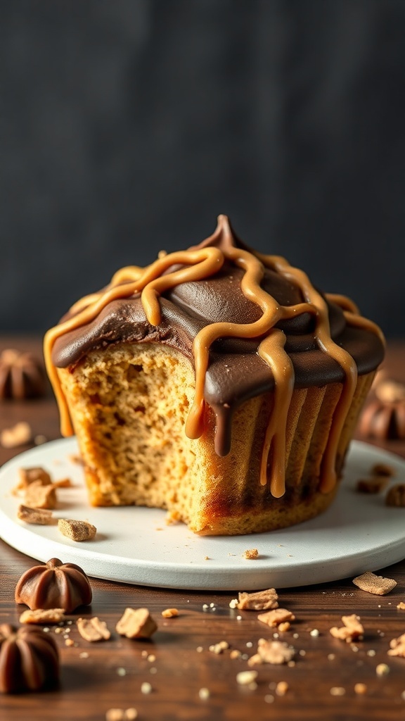 A close-up of a peanut butter cupcake cake with chocolate frosting and peanut butter drizzle, surrounded by chocolate pieces.