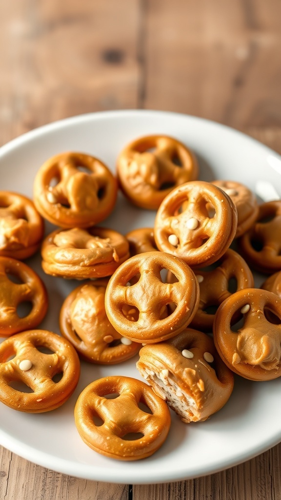 A plate of peanut butter pretzel bites arranged neatly.
