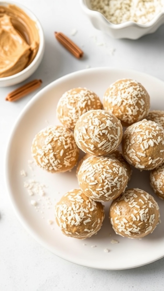 A plate of peanut butter protein balls coated in shredded coconut, with peanut butter and oats in the background.
