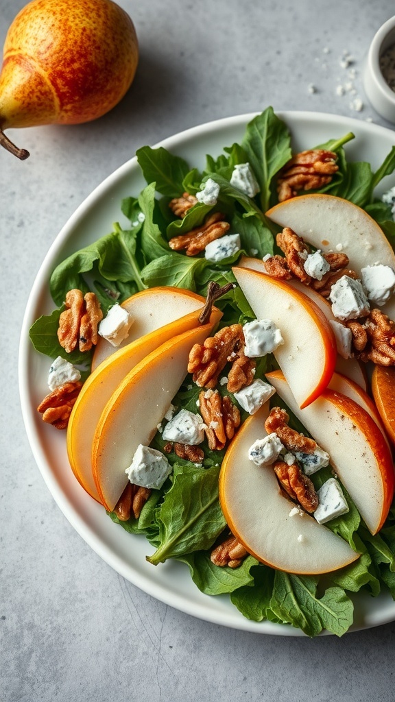A fresh salad with sliced pears, blue cheese, and walnuts on a plate.