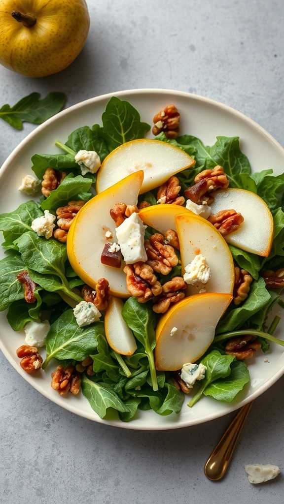 A fresh salad with sliced pears, Gorgonzola cheese, walnuts, and greens on a plate.