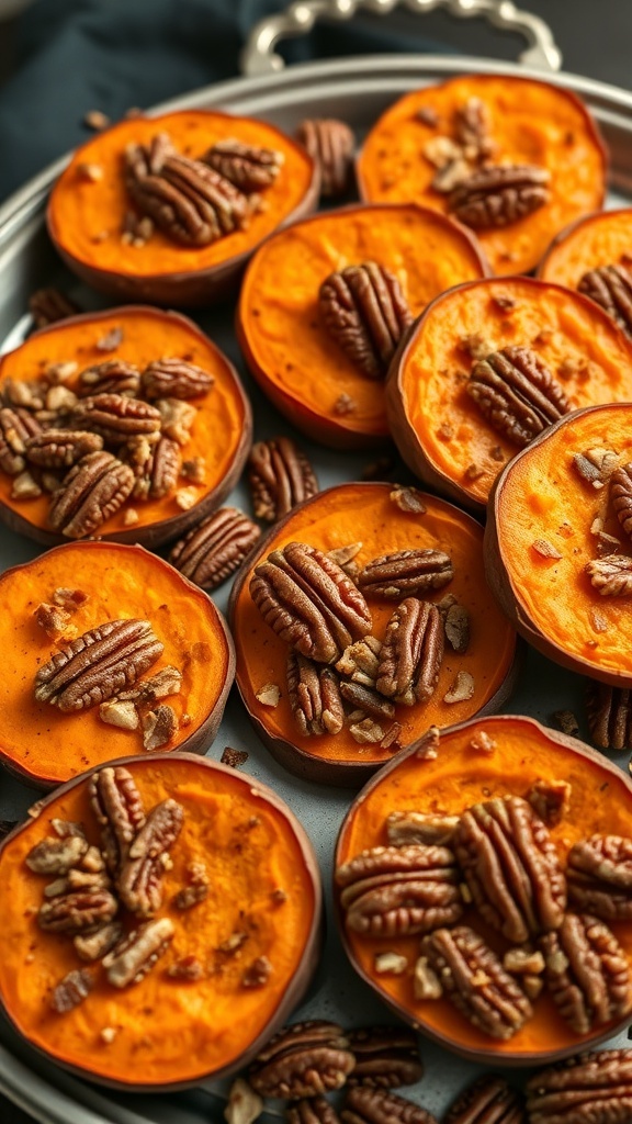 Pecan Crusted Sweet Potatoes arranged on a tray