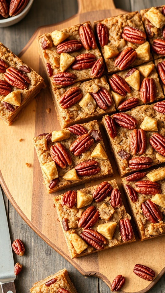Pecan pie bars arranged on a wooden platter with whole pecans on top.