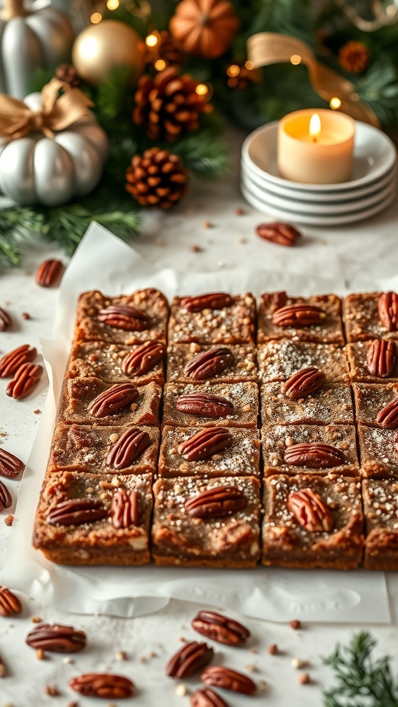 Delicious pecan pie bars topped with whole pecans, surrounded by festive decorations.