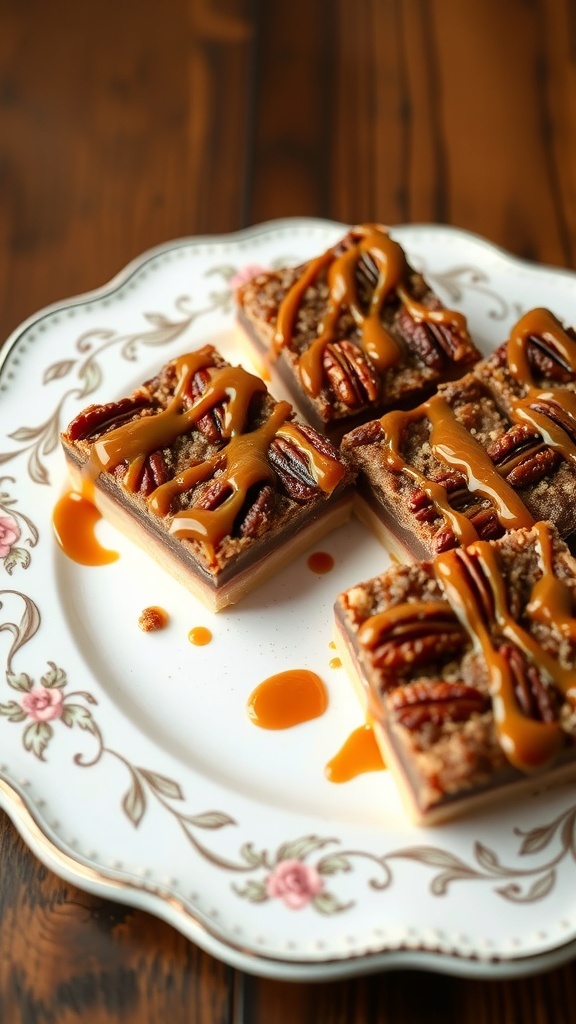 Pecan pie bars topped with pecans and caramel drizzle on a decorative plate.