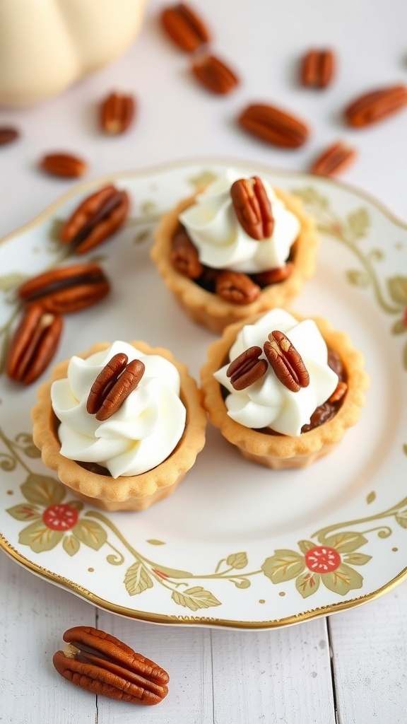 Delicious pecan pie bites topped with whipped cream and pecans on a decorative plate.