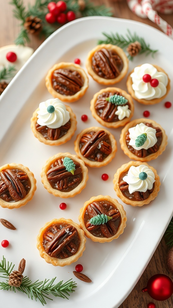 A platter of pecan pie bites decorated for Christmas