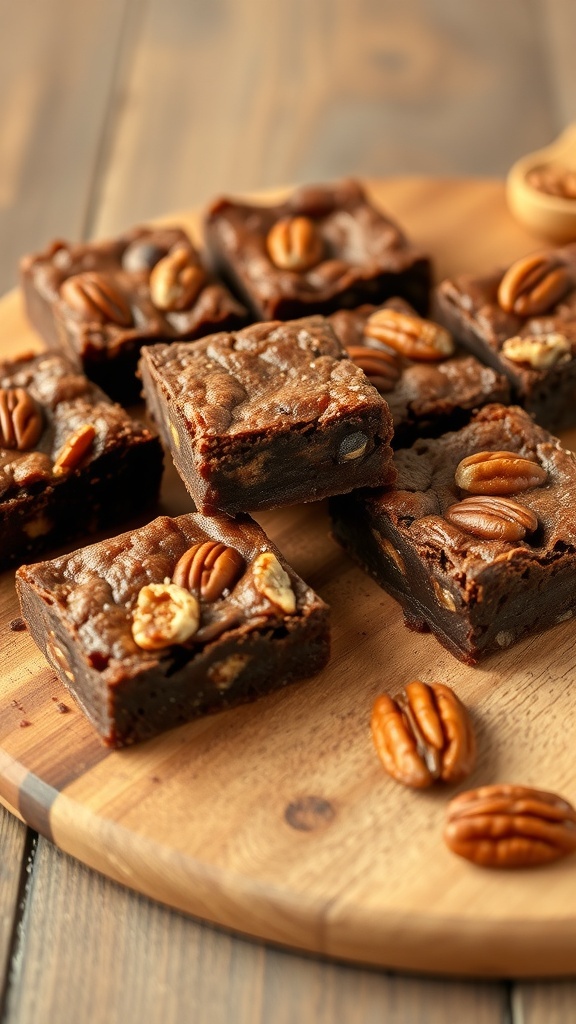 Delicious pecan pie brownies arranged on a wooden board, topped with whole pecans.