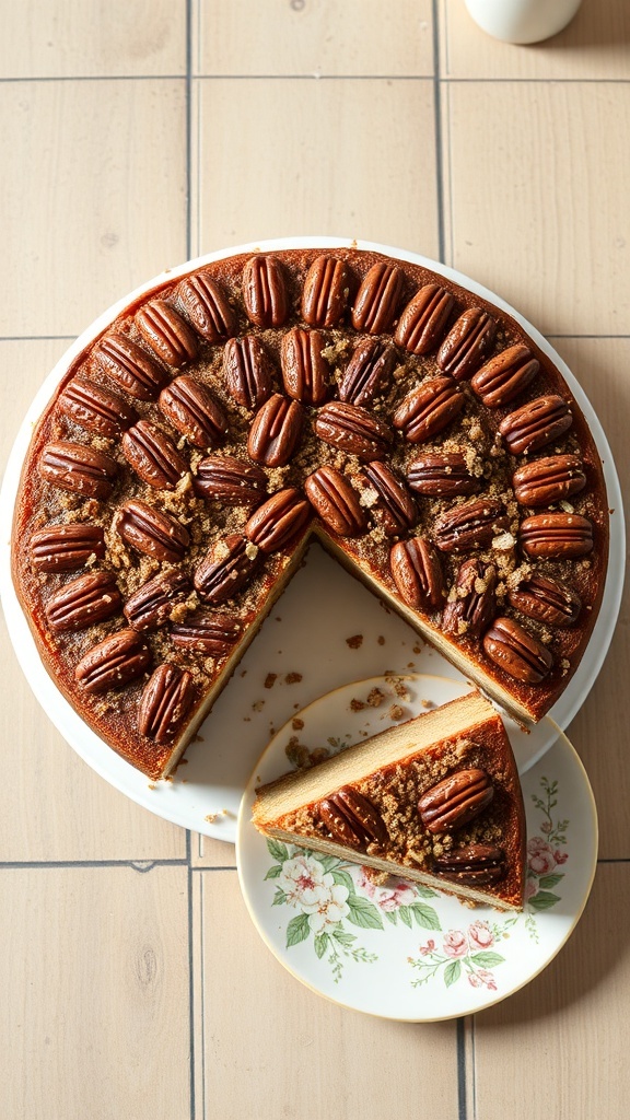 A beautifully decorated pecan pie cake with whole pecans on top, sliced to show the moist interior.