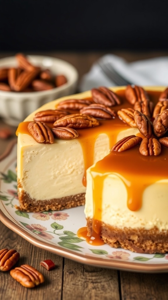 A delicious pecan pie cheesecake topped with caramel sauce and pecans, displayed on a decorative plate.