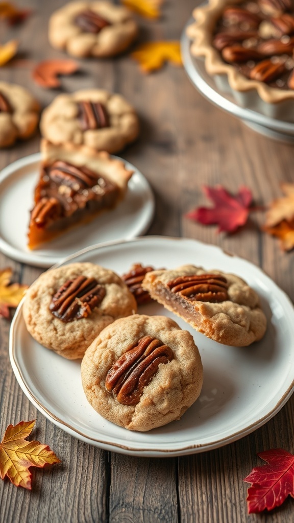Pecan pie cookies on a rustic wooden table with autumn leaves