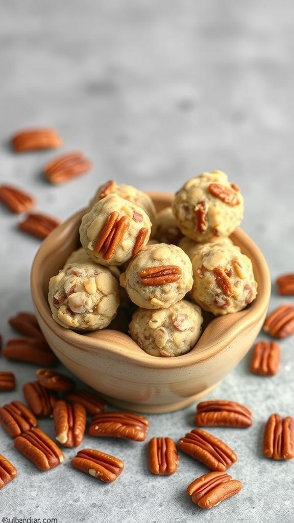 A bowl of pecan pie energy bites with pecans scattered around.