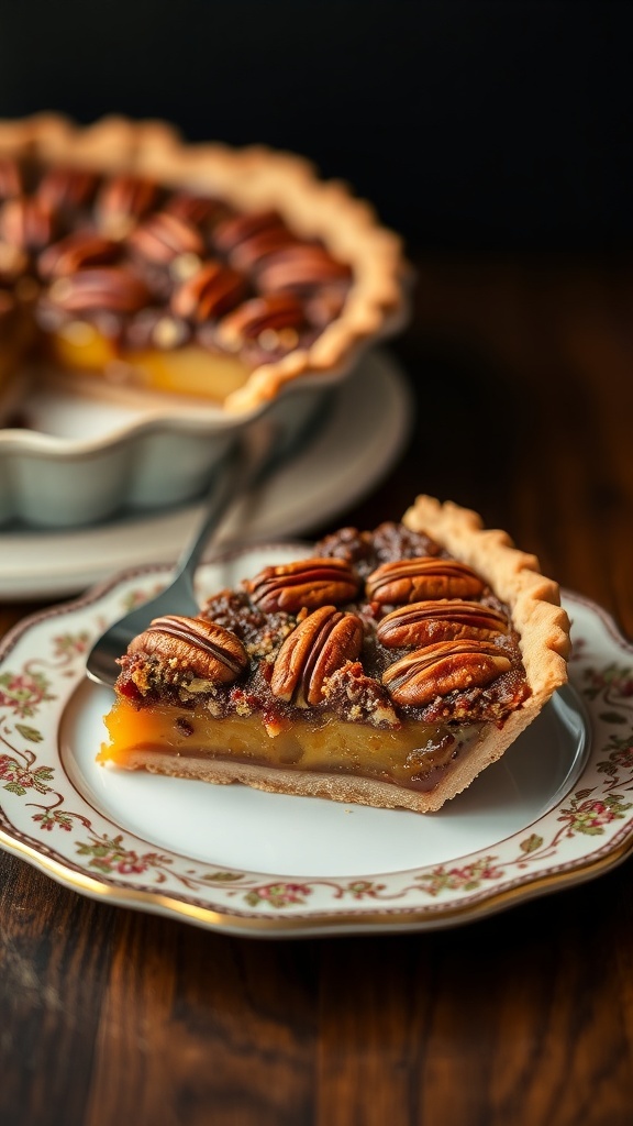 A slice of pecan pie with a crunchy topping on a decorative plate.