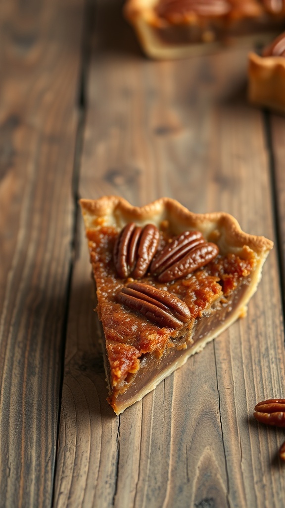 A slice of pecan pie with a flaky crust, topped with whole pecans, on a wooden table.