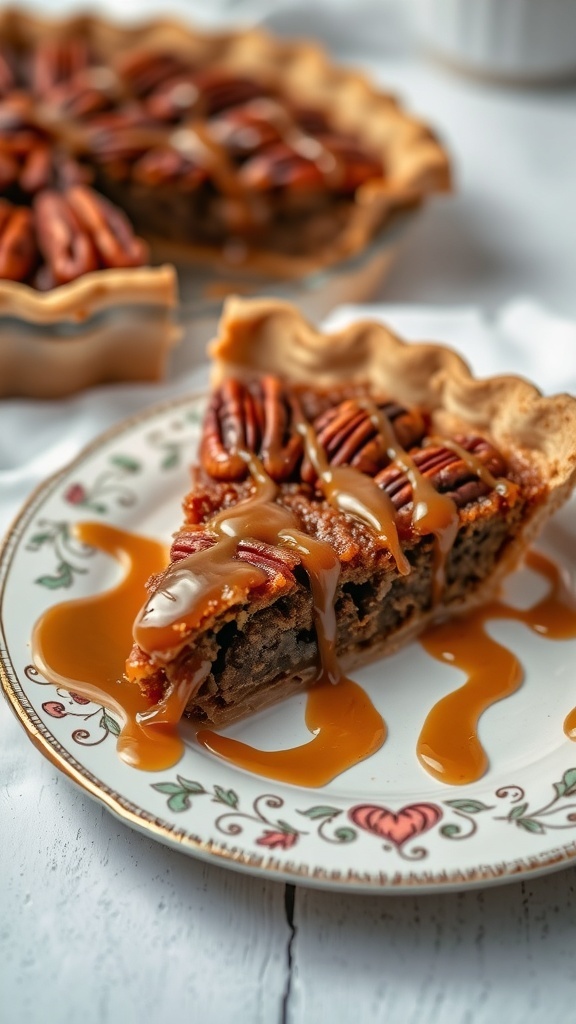 A slice of pecan pie with caramel drizzle on a decorative plate.