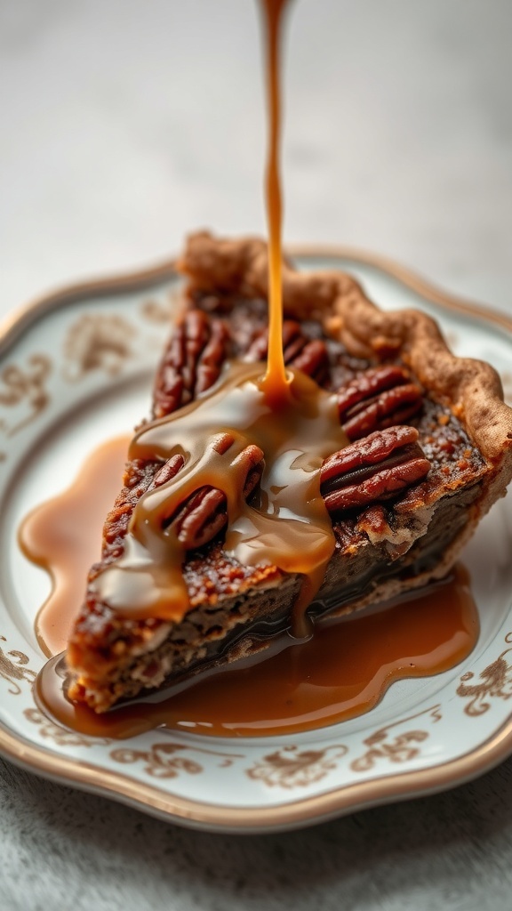 A slice of pecan pie drizzled with caramel sauce on a decorative plate.