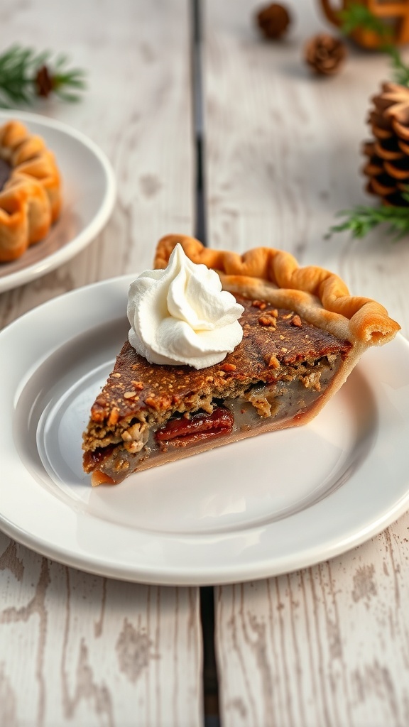 A slice of pecan pie topped with whipped cream on a white plate.