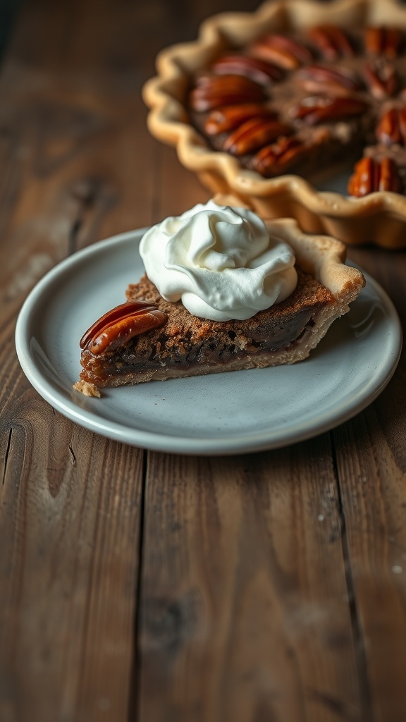 A slice of pecan pie topped with whipped cream on a plate, with the whole pie in the background.