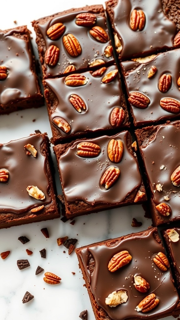 Delicious pecan praline brownies topped with chocolate and pecans