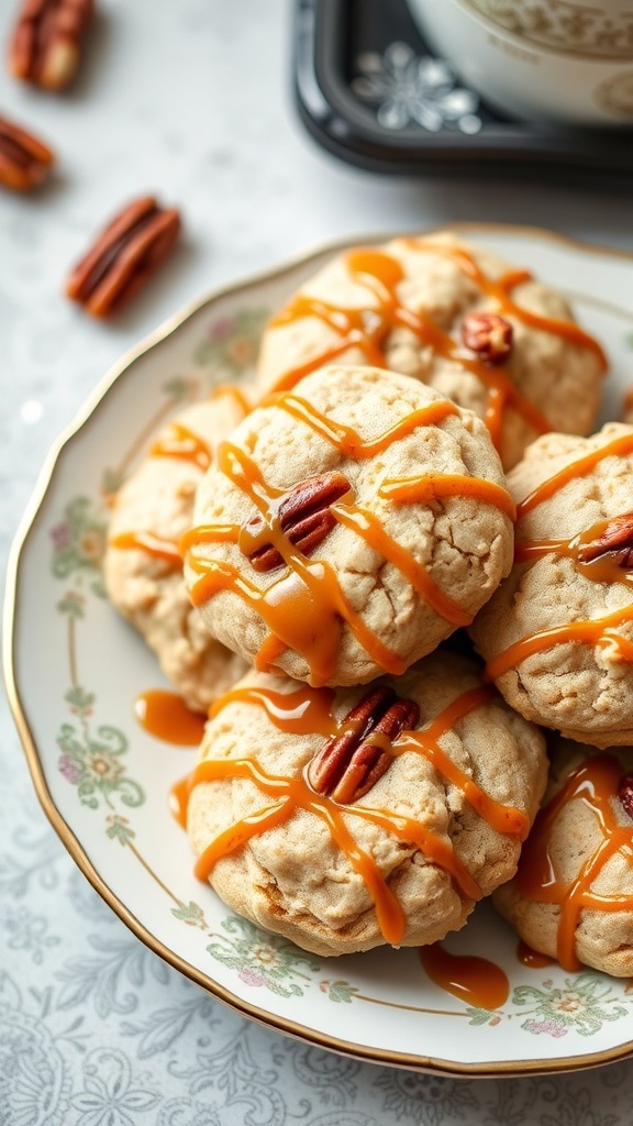 Pecan Sandies with caramel drizzle on a decorative plate