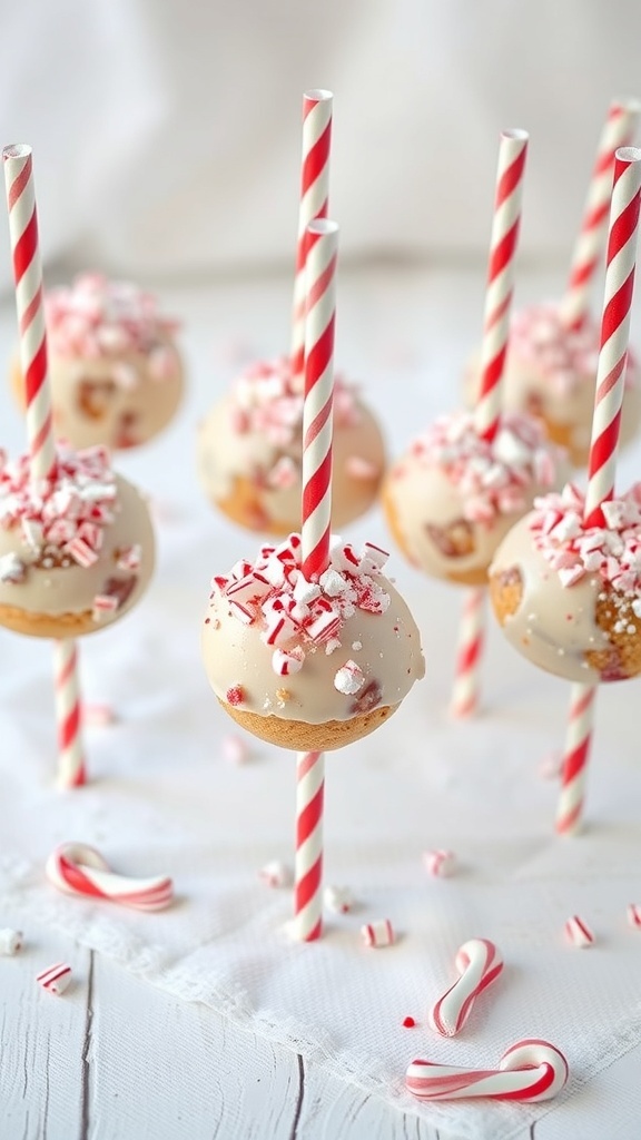 Peppermint Bark Cake Pops decorated with crushed peppermint and striped straws