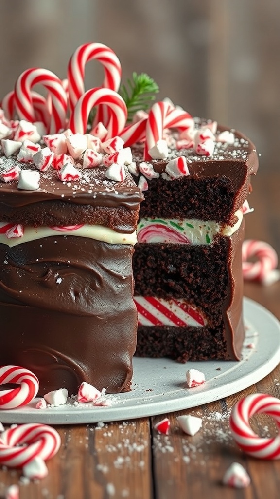 A festive peppermint bark cake decorated with candy canes and crushed peppermint.