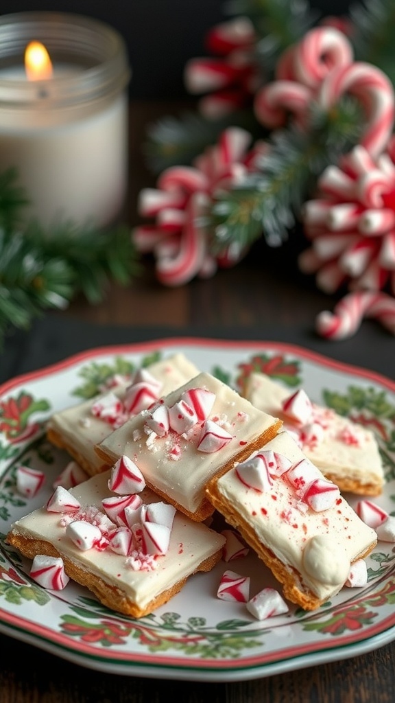A plate of Peppermint Bark Cookies topped with crushed peppermint candies and white chocolate frosting, surrounded by festive decorations.