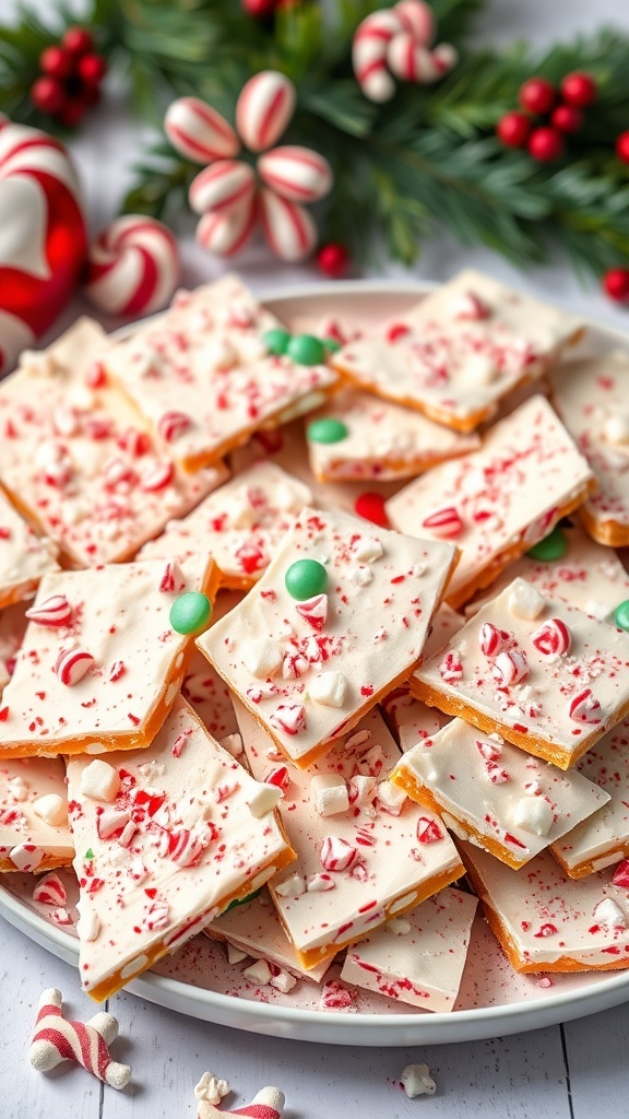 A festive peppermint bark dessert platter with crushed peppermint candies and colorful sprinkles.