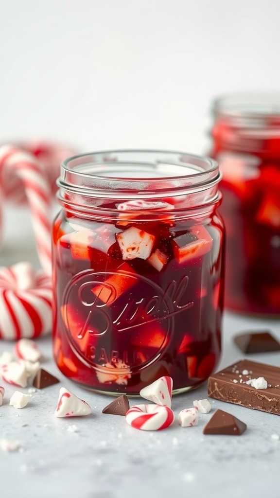 Jars of peppermint bark jam with crushed peppermint candies and chocolate pieces
