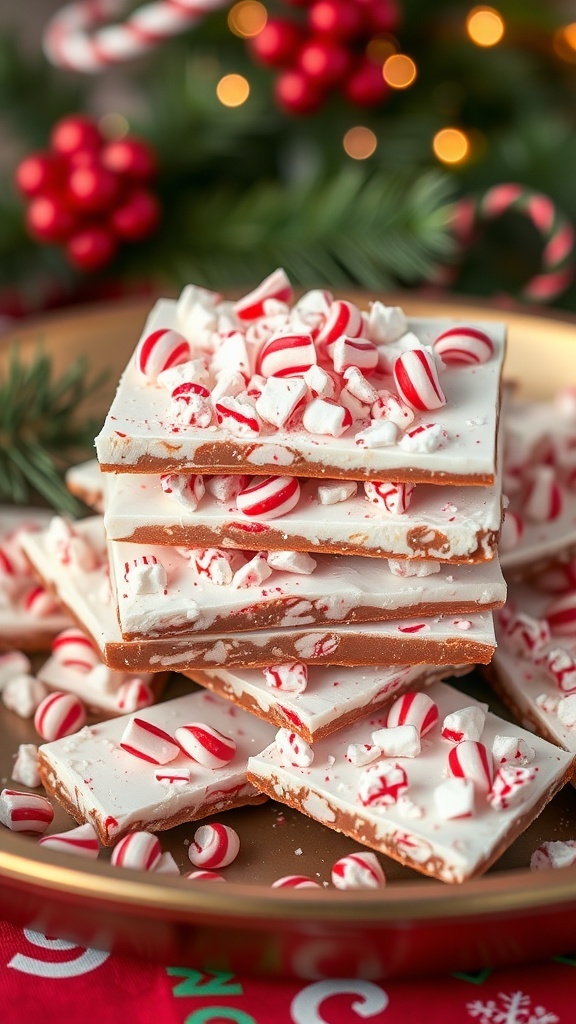 A stack of peppermint bark with crushed peppermint candies on top, set against a festive background.