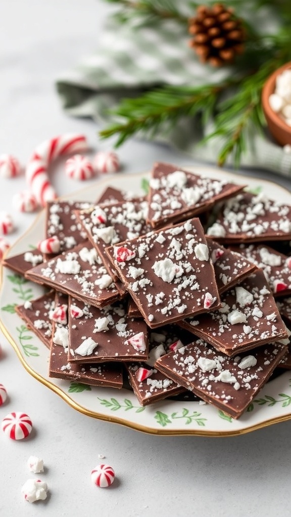 A plate of peppermint bark with dark chocolate and crushed candy canes, surrounded by festive decorations.