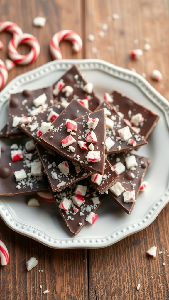 A plate of peppermint bark with dark chocolate and crushed candy canes on top.