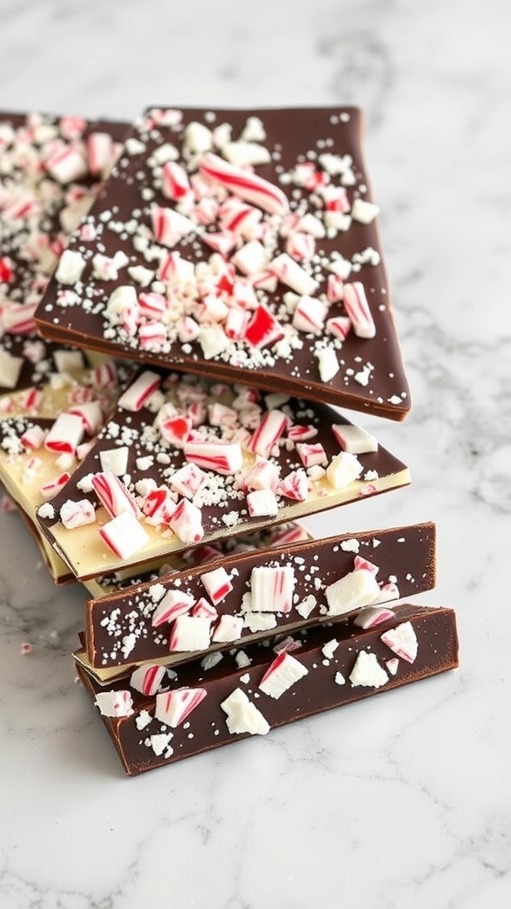 Peppermint bark with dark chocolate and crushed candy canes on a marble surface.
