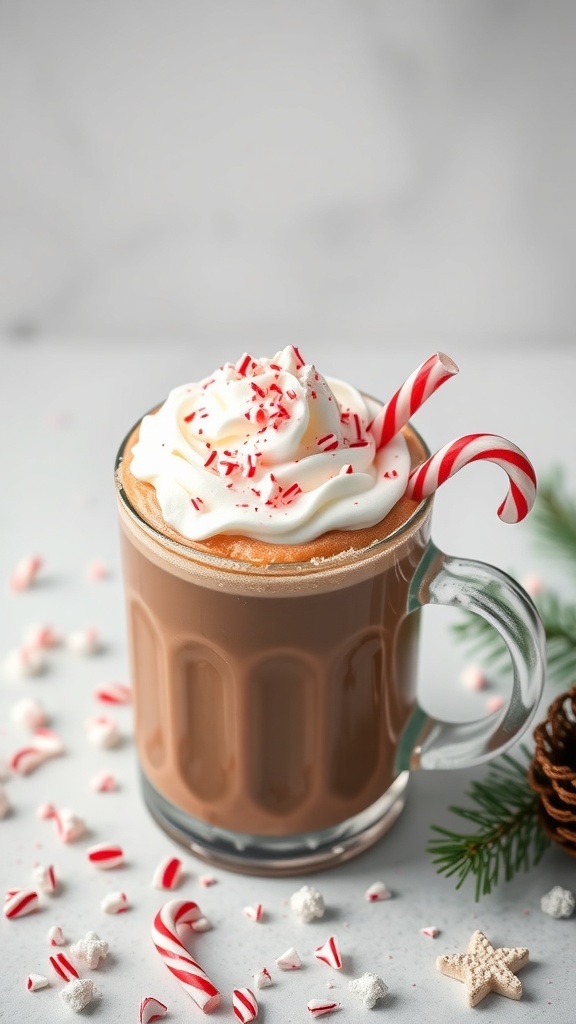 A festive peppermint hot chocolate mocktail topped with whipped cream and candy canes.