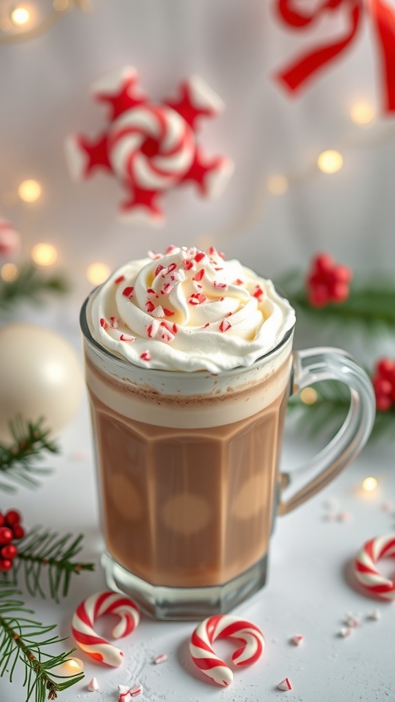 A delicious peppermint mocha topped with whipped cream and crushed peppermint, surrounded by festive decorations.