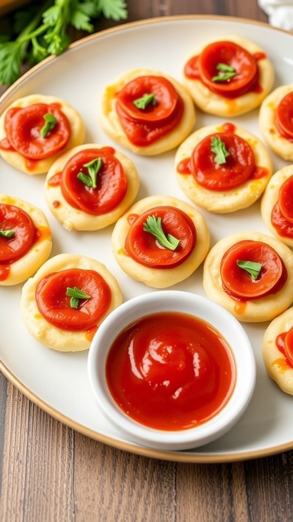 A plate of pepperoni pizza bites with a side of marinara sauce.