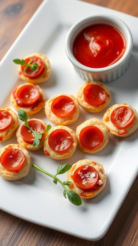 A plate of pepperoni pizza bites with a small bowl of marinara sauce