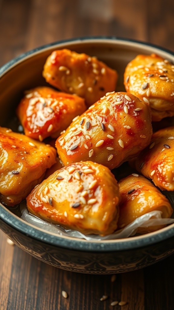 A bowl of perfectly cooked chicken pieces glazed with sauce and garnished with sesame seeds.